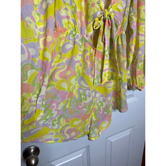 Beach Riot Yellow Pink Romper Cover Up Medium Tie Front V Neck - Picture 7 of 12